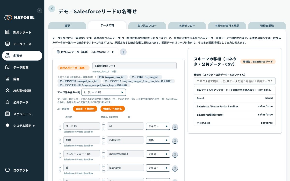 NAYOSELのデータの箱タブ。統一スキーマの項目定義と、データソース項目との対応（マッピング）画面